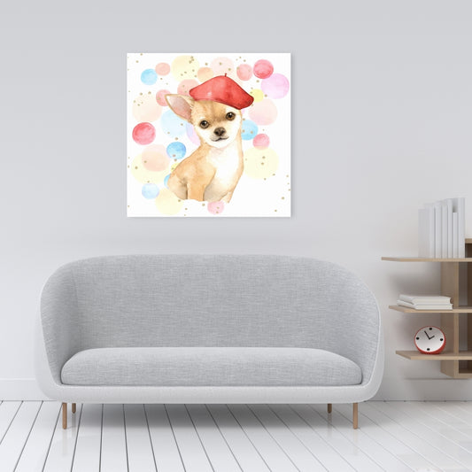 Toile rouge représentant un chien chihuahua - Décoration murale pour chambre d'enfant