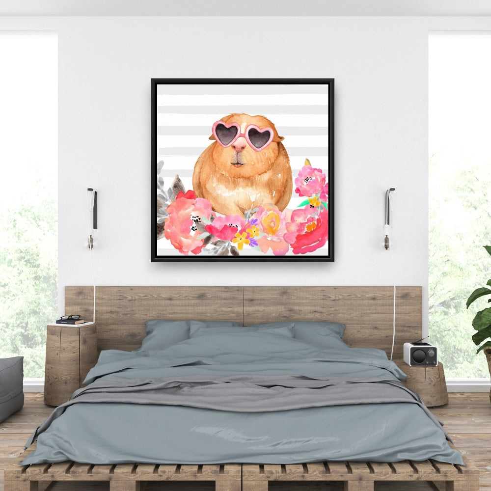 Toile « Cochon d'Inde à lunettes » | Décoration de chambre encadrée marron