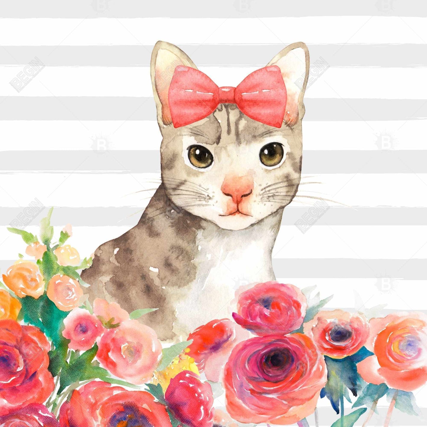 Toile encadrée Animaux gris - Décor petit chat avec fleurs