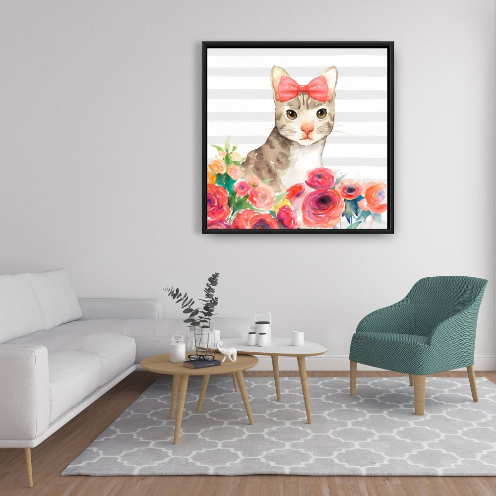 Toile encadrée Animaux gris - Décor petit chat avec fleurs