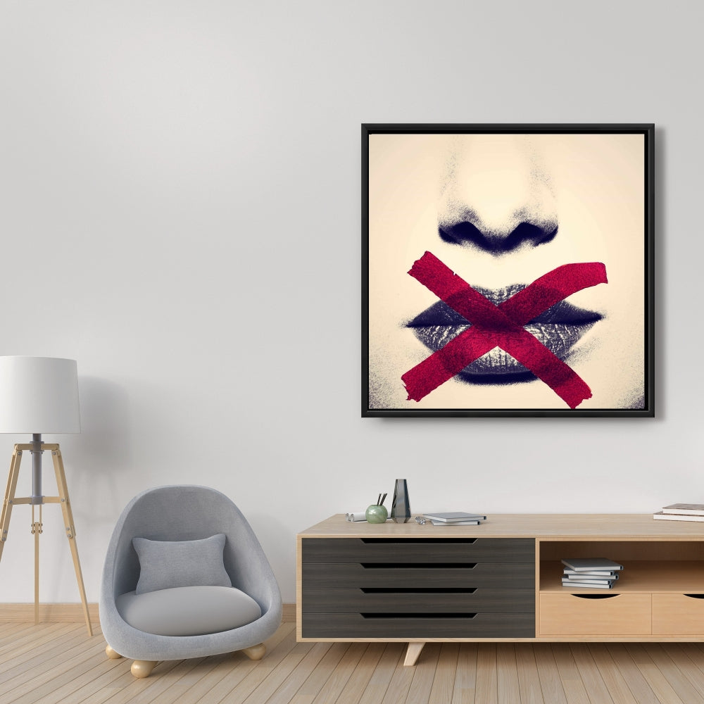 Toile « Lèvres en niveaux de gris » : Décoration de chambre moderne avec un X rouge