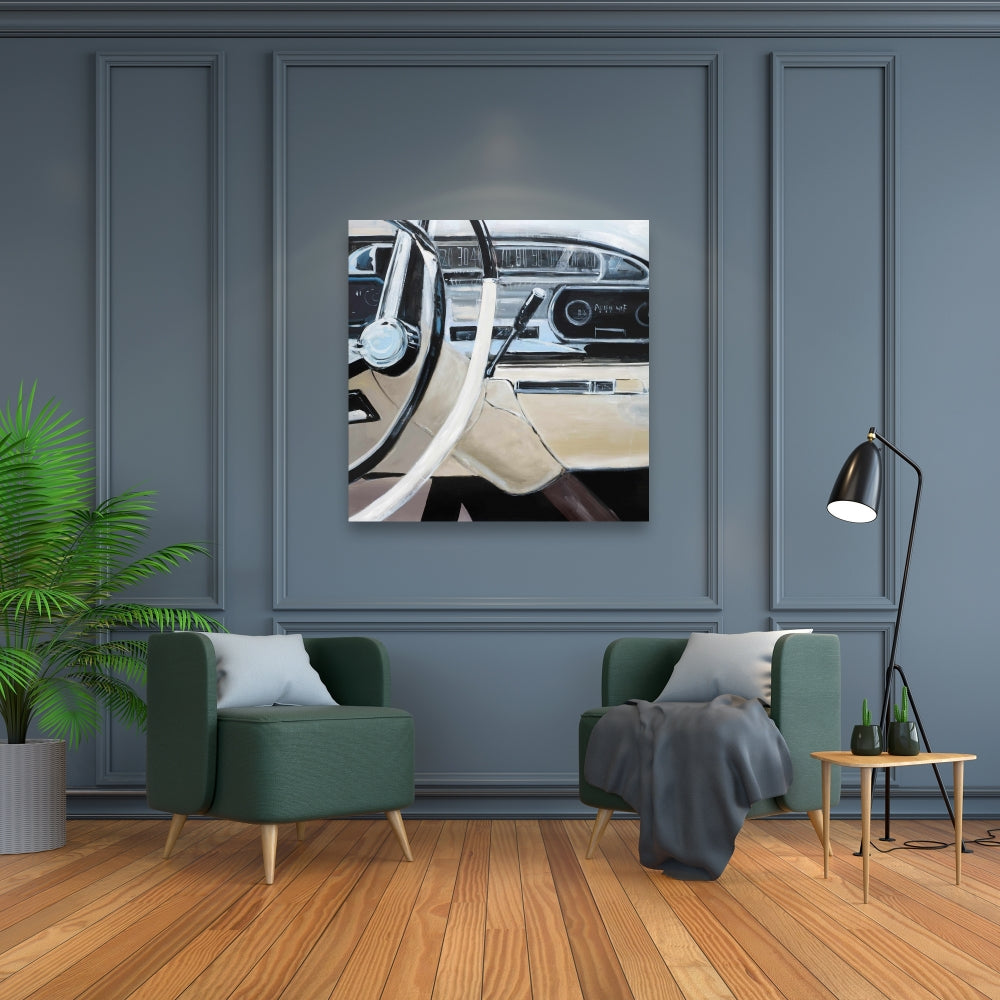 Gray 1950s Car Dashboard Canvas - Modern Bedroom Wall Art