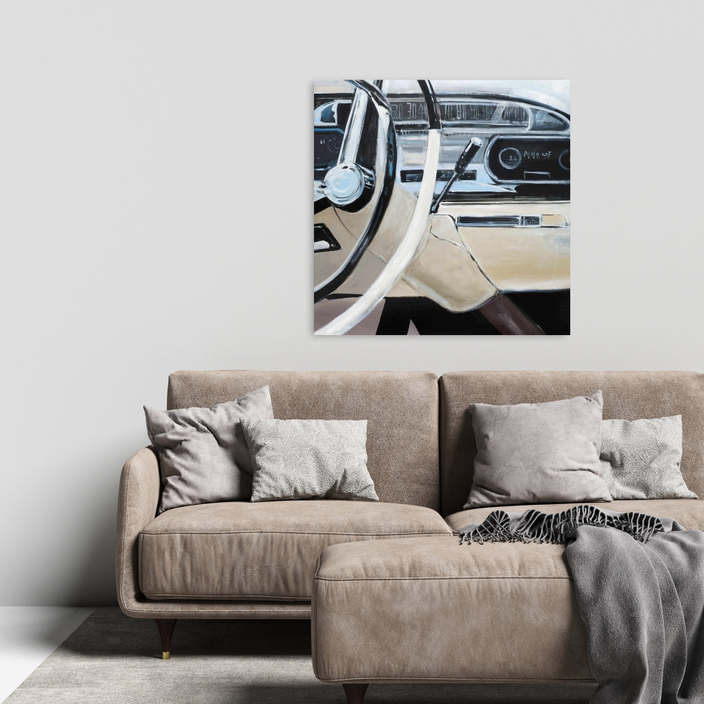 Gray 1950s Car Dashboard Canvas - Modern Bedroom Wall Art