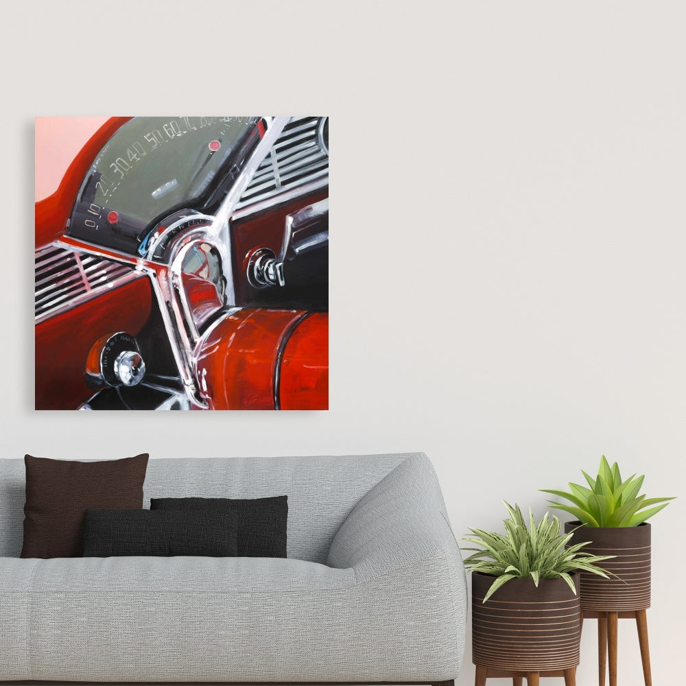 Vintage Red Car Dashboard Canvas - Gray Car Home Decor