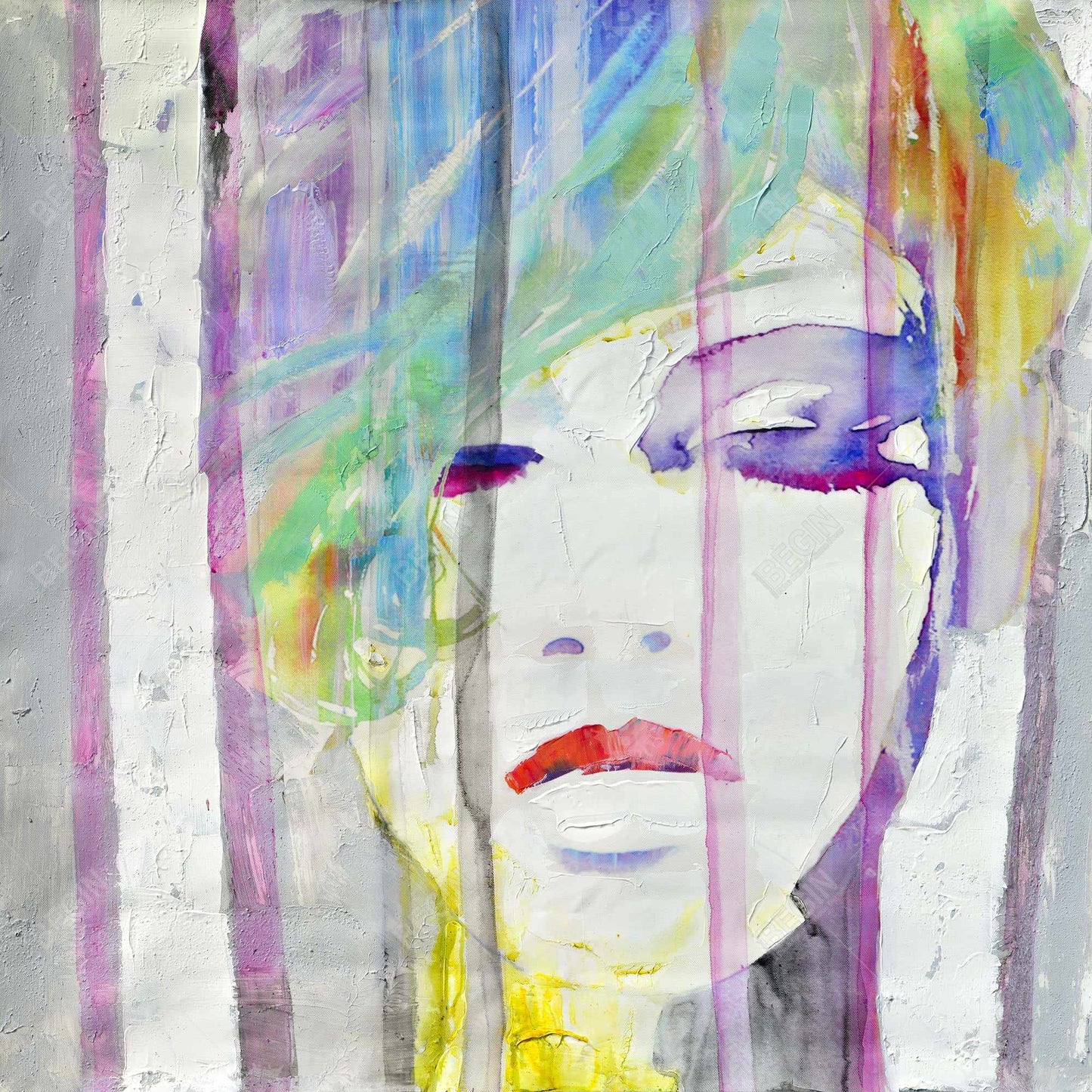 Portrait abstrait et coloré | Toile encadrée grise | Décoration d'intérieur