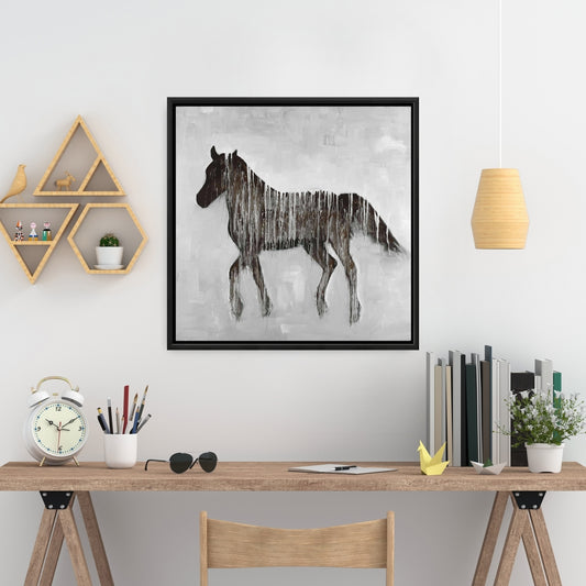 Toile abstraite « Cheval Gambading » | Décoration animalière encadrée marron