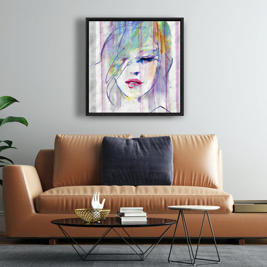 Toile figurative abstraite représentant une femme belle – Décor encadré gris