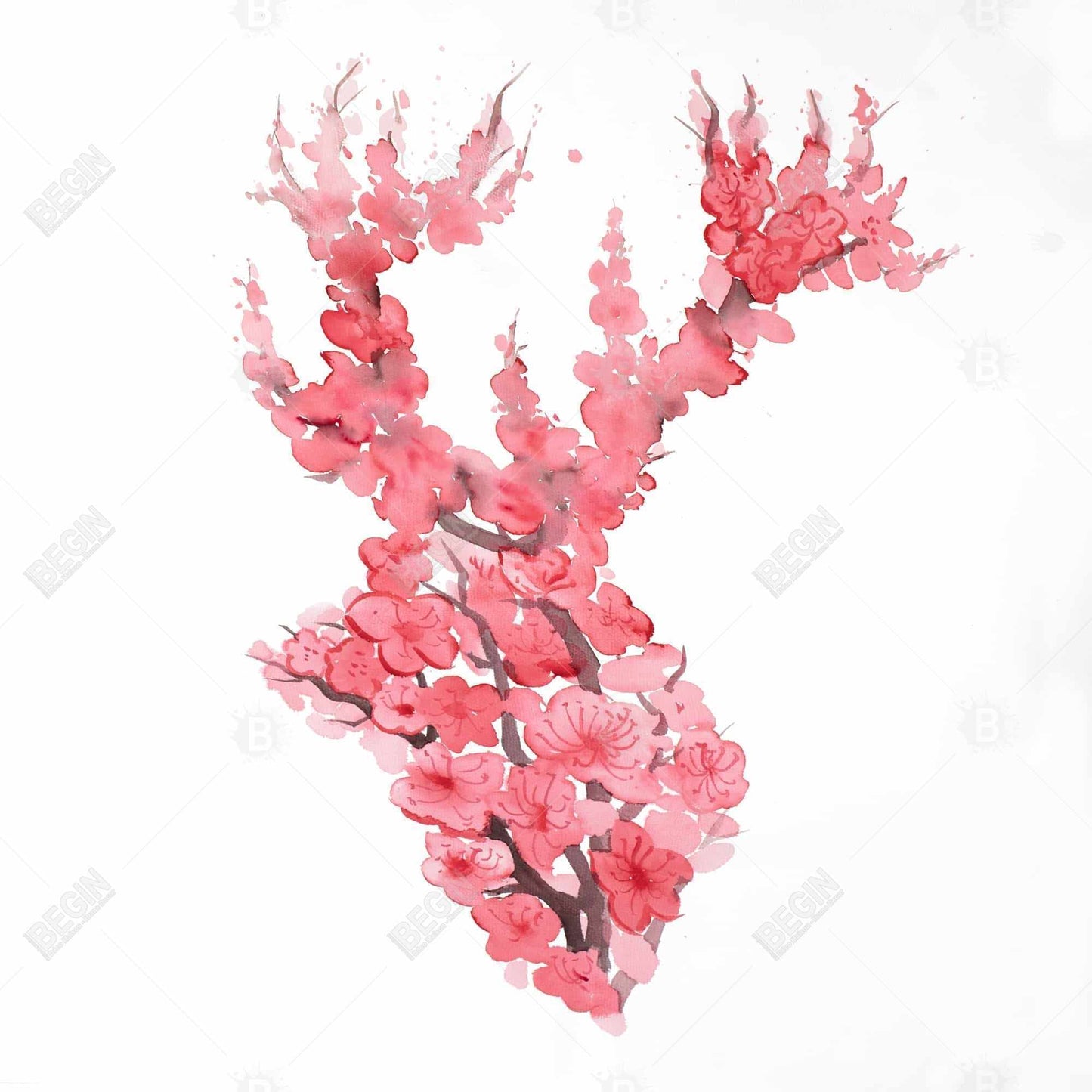 Toile Cerf rose asiatique - Décor cerf avec fleurs de cerisier