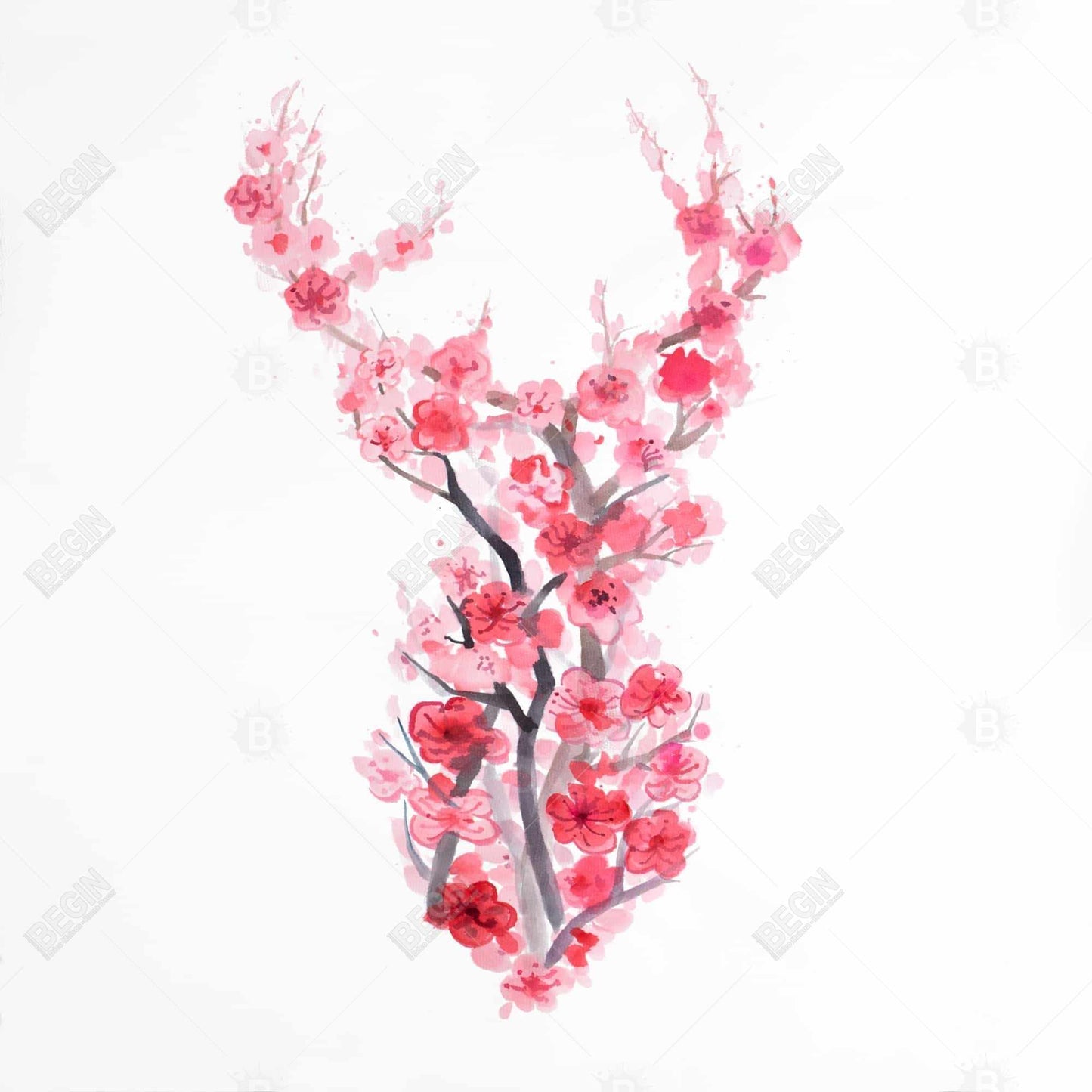 Toile de cerf rose asiatique – Décoration murale avec cerf et cerisiers en fleurs