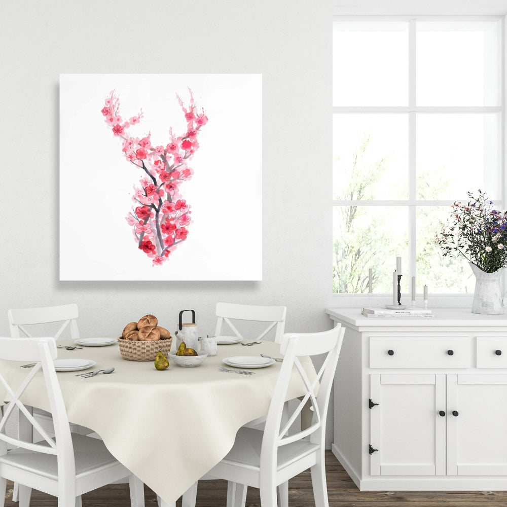 Asian Pink Deer Canvas - Deer in Cherry Blossoms Wall Art