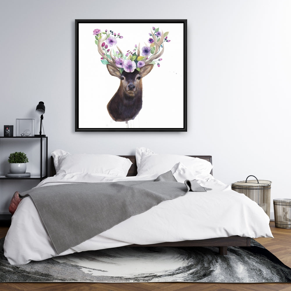 Toile encadrée « Tête de chevreuil avec fleurs » | Décoration romantique pour chambre à coucher