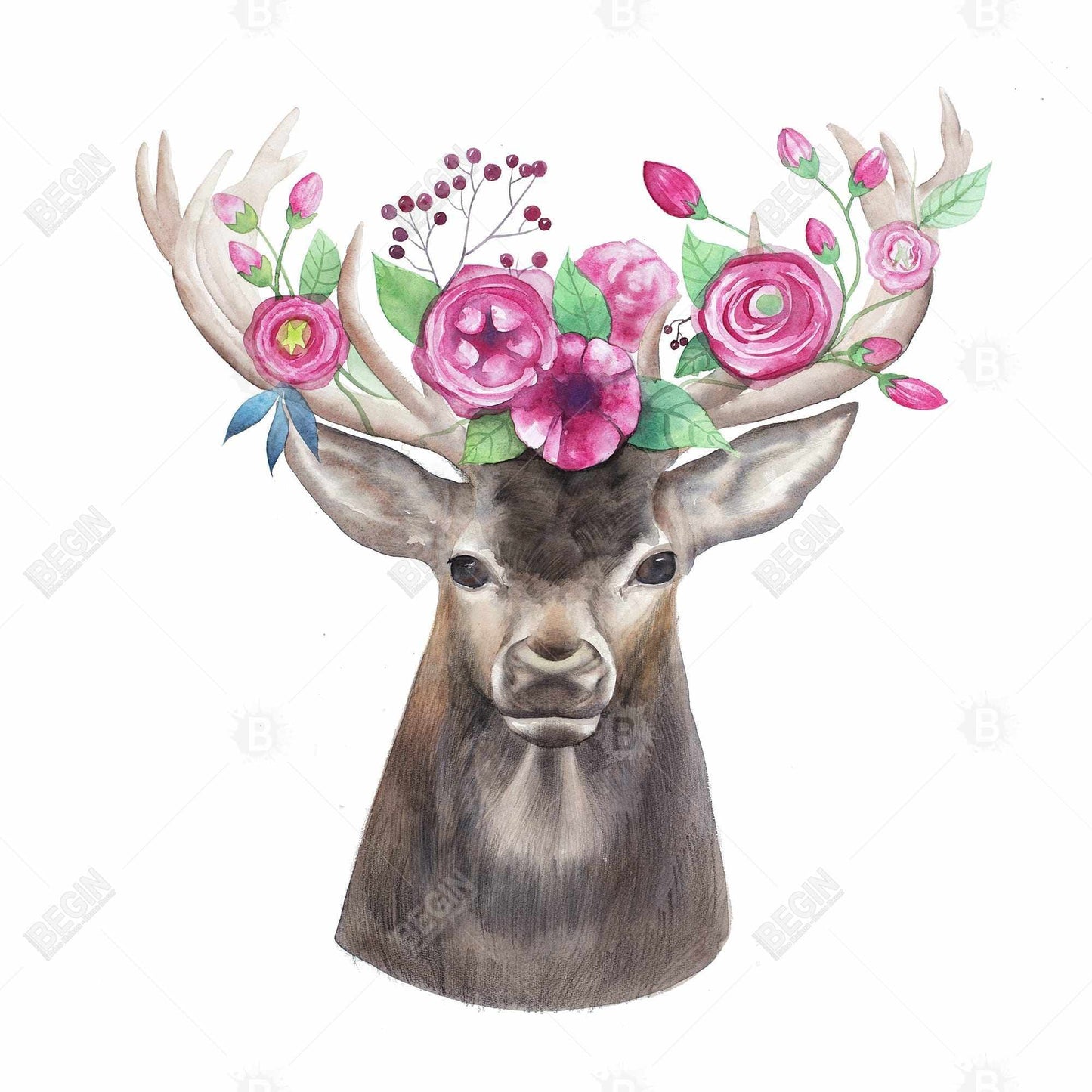 Toile « Tête de cerf avec fleurs » | Décoration animalière romantique marron