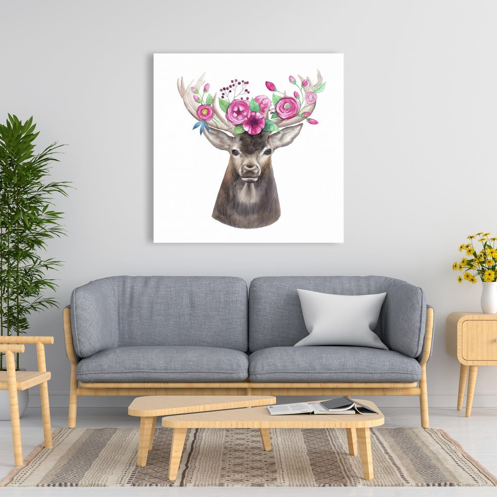 Brown Deer Romantic Canvas - Deer Head with Flowers Decor