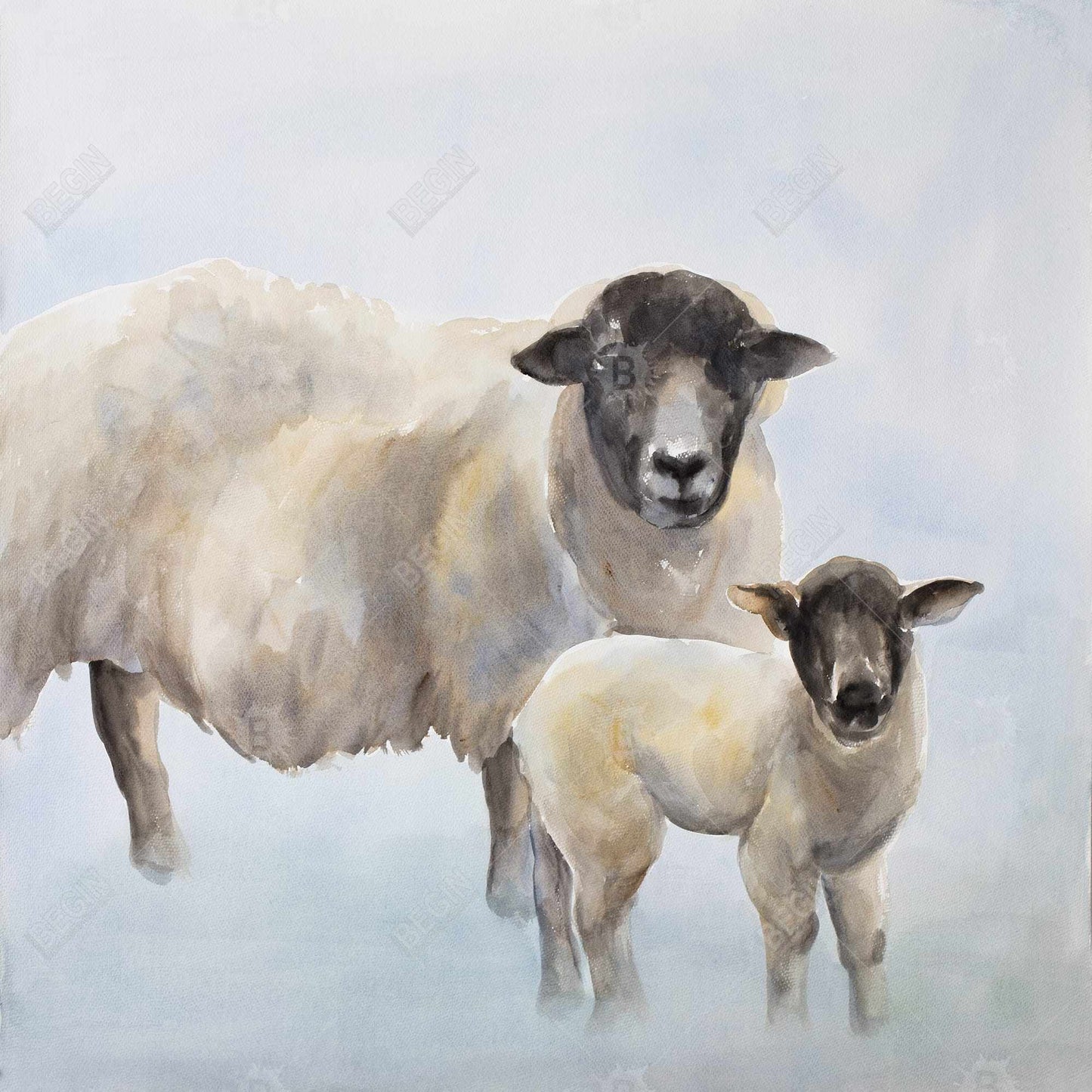 Toile Mouton et bébé | Art animalier de la ferme bleue | Décoration d'intérieur