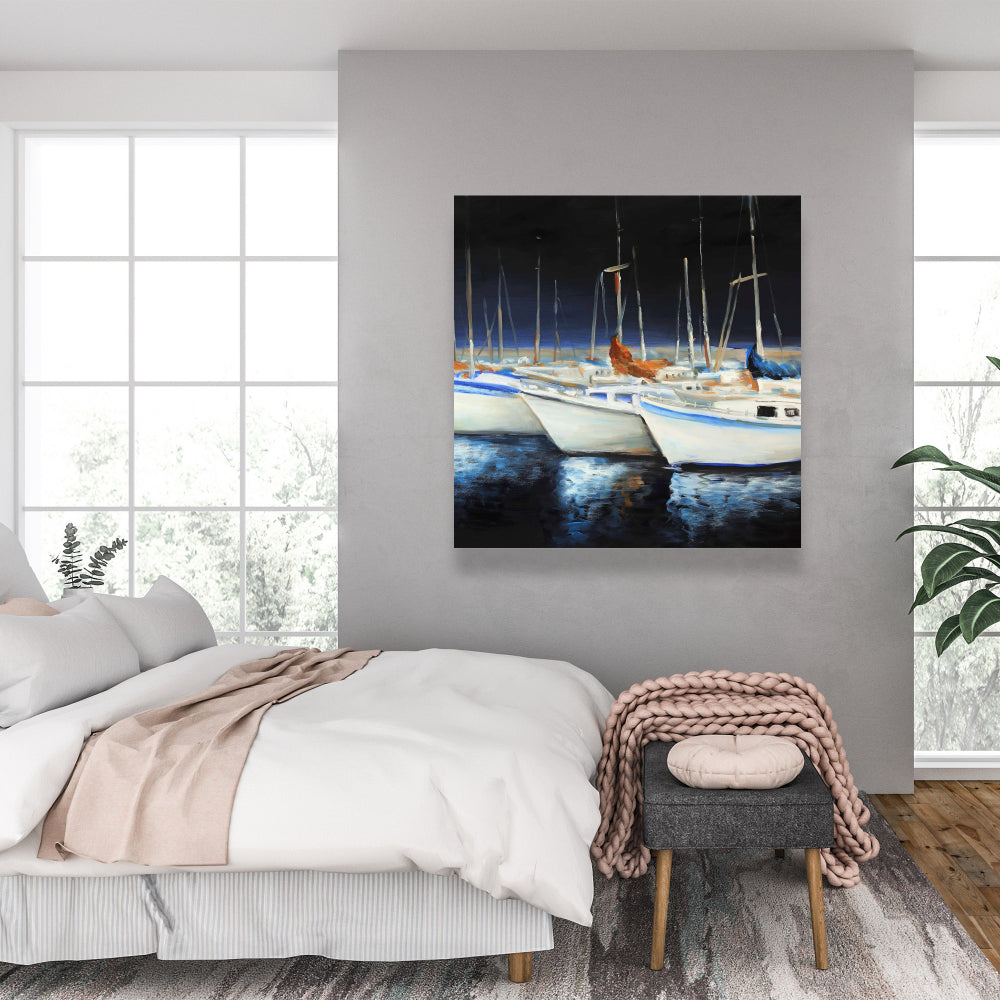 Coastal Bedroom Canvas | Fishing Boats at Marina Wall Art