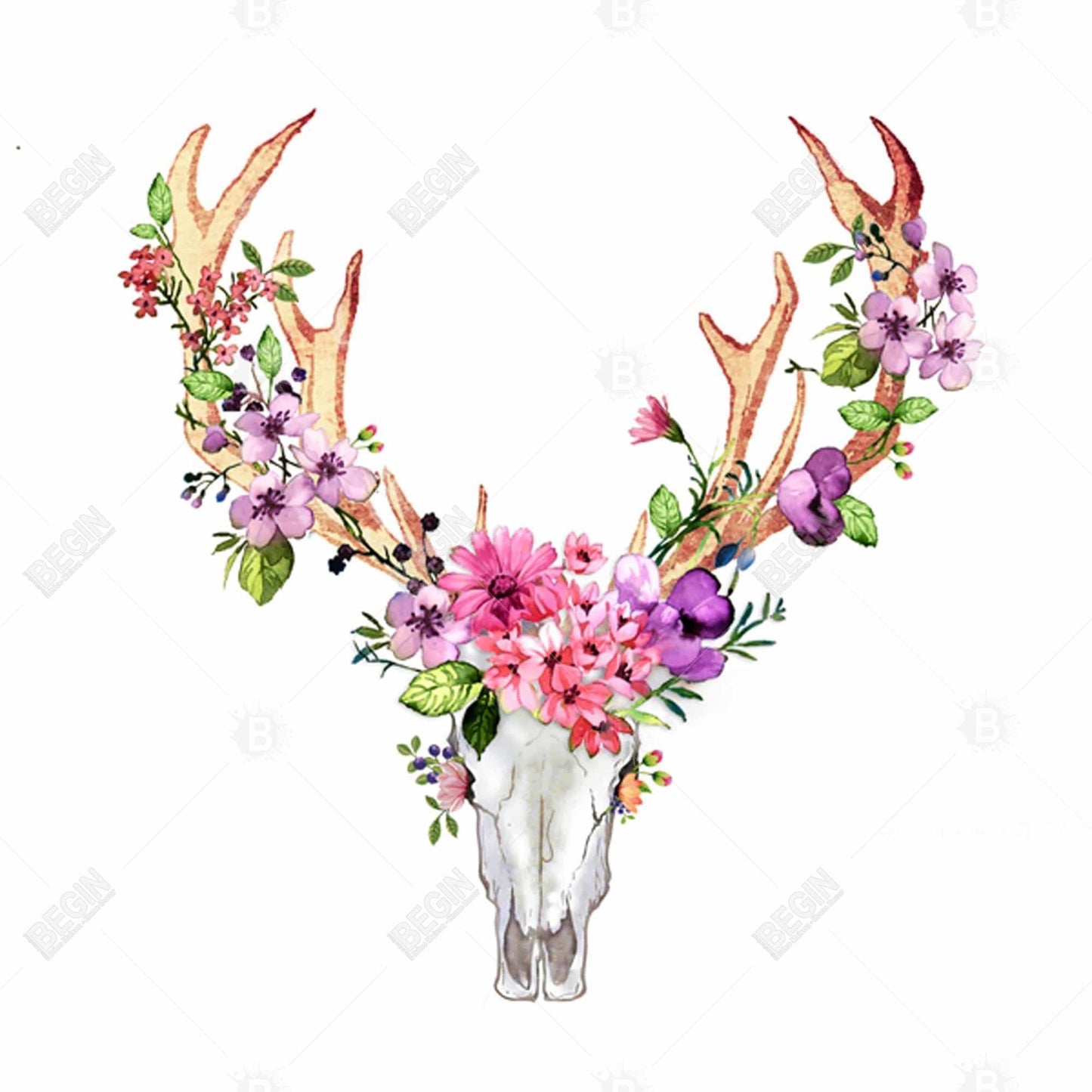 Rustic Deer Skull with Flowers Canvas - Home Decor Art