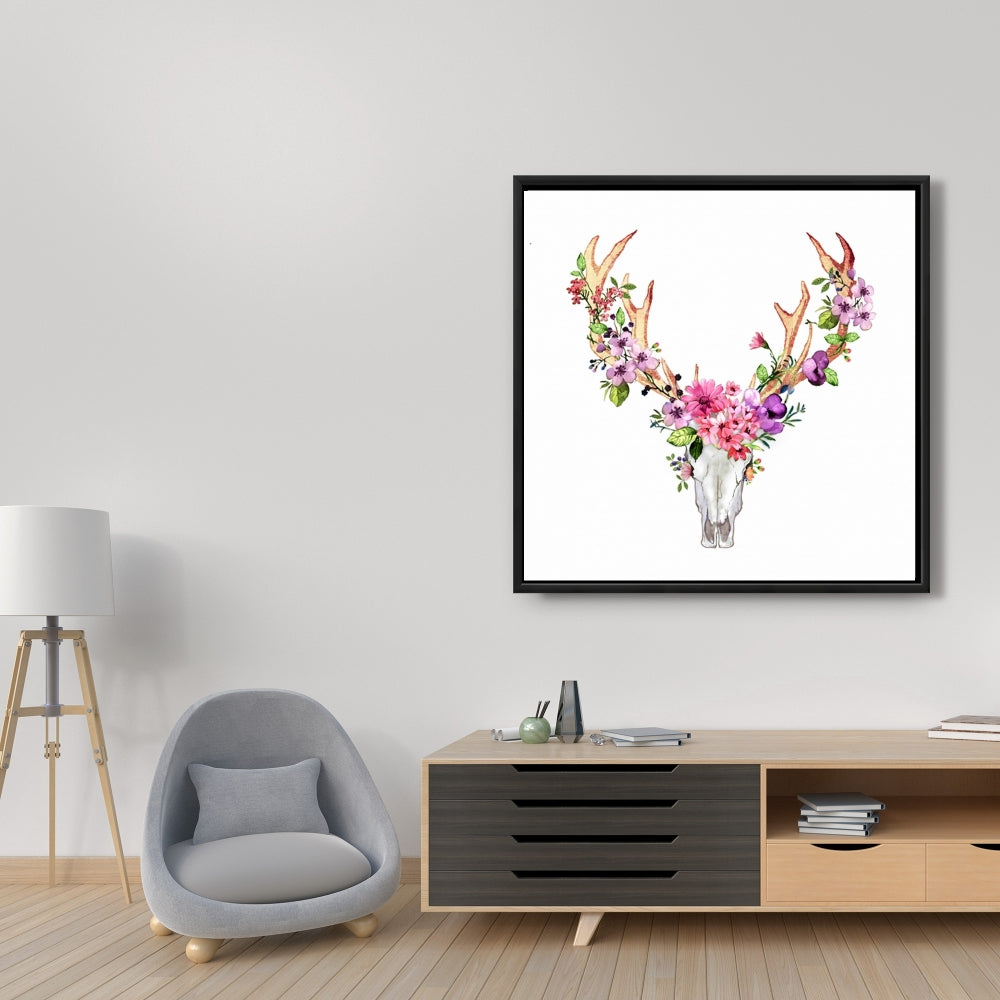 Toile « Crâne de cerf avec fleurs » | Décoration d'intérieur avec cadre blanc