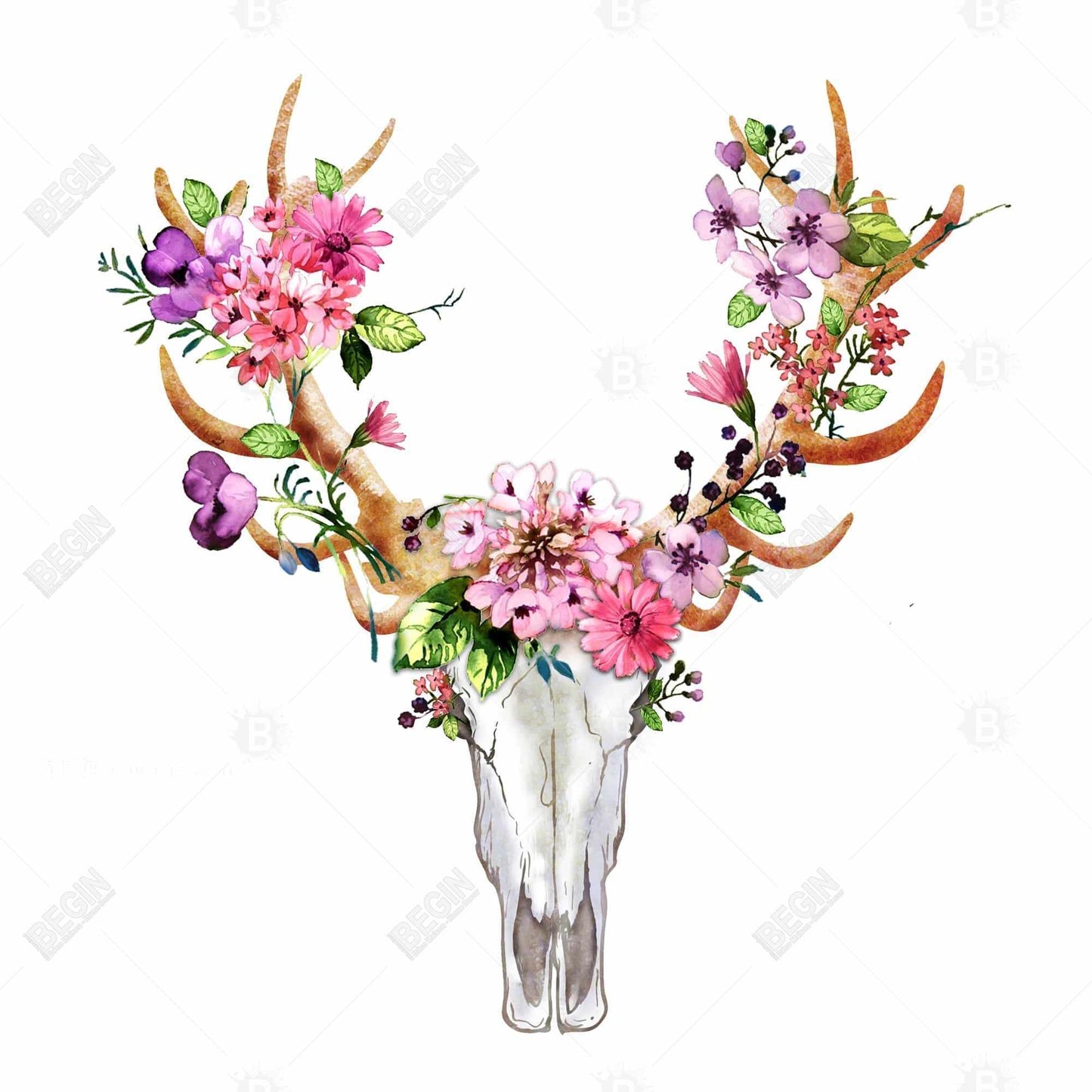 Rustic Deer Skull with Flowers | White Canvas Wall Art Decor