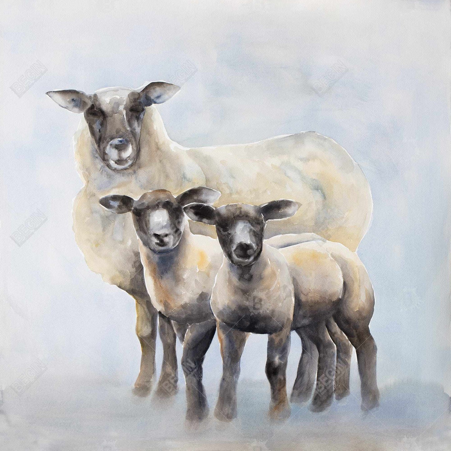 Toile bleue pour chambre à coucher : Famille de moutons | Décoration d'intérieur avec animaux de la ferme