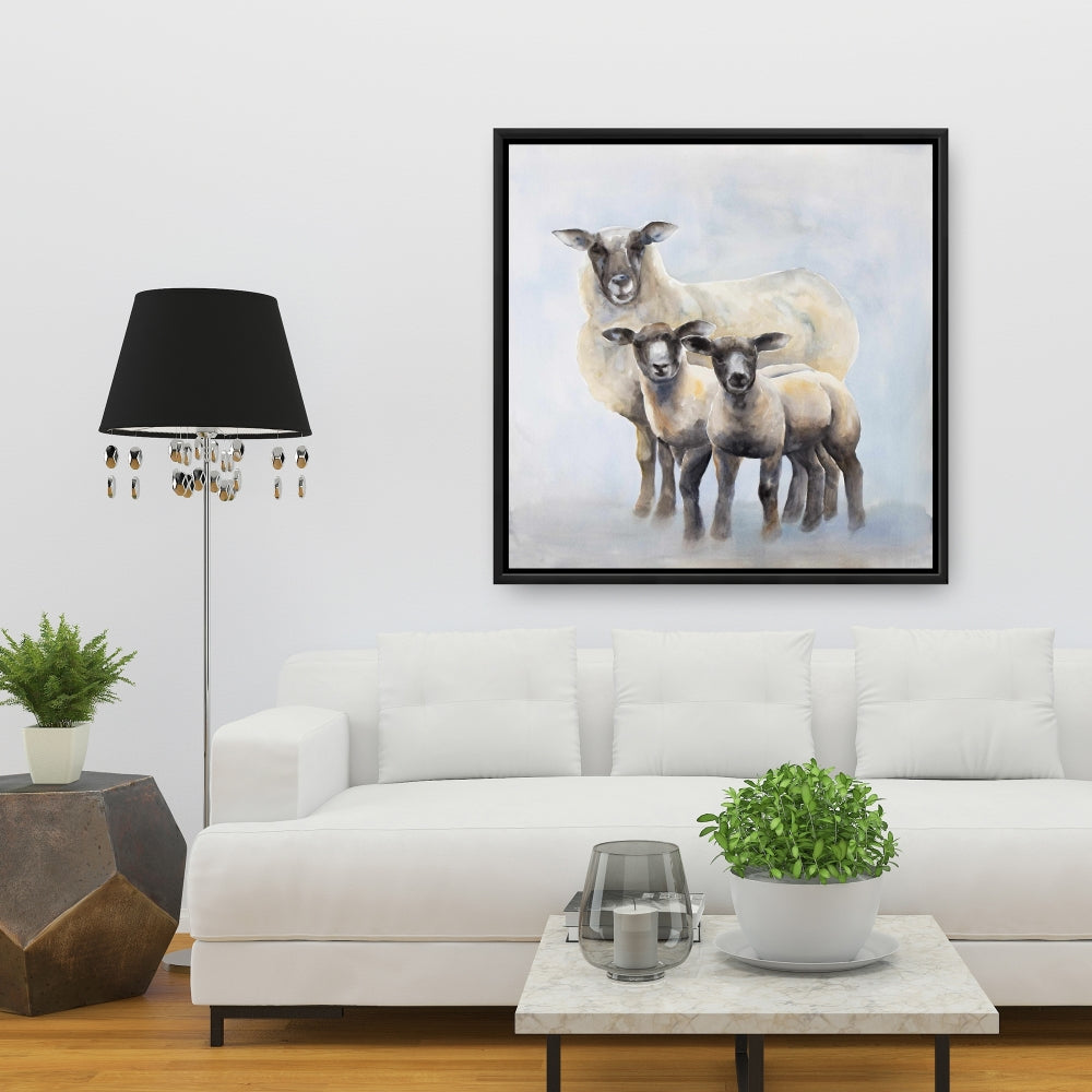 Toile bleue pour chambre à coucher : Famille de moutons | Décoration d'intérieur avec animaux de la ferme