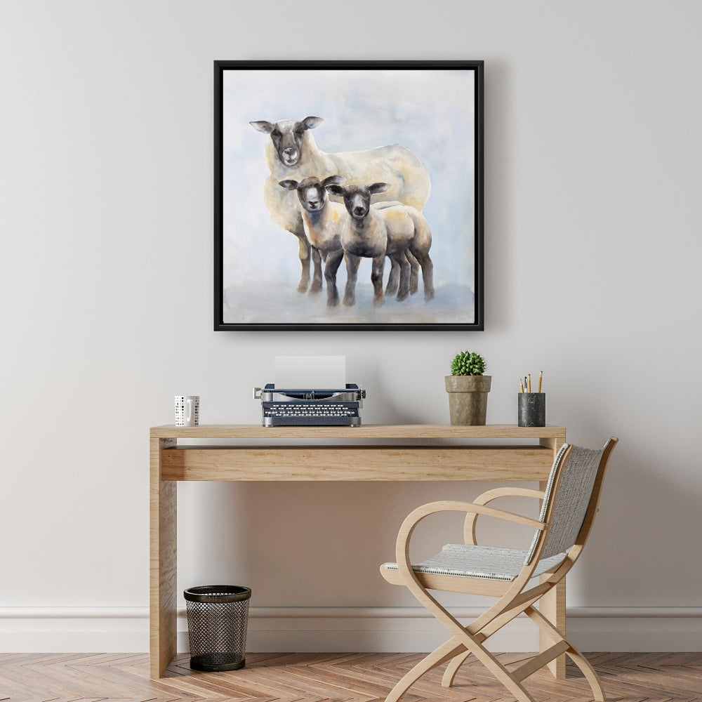 Toile bleue pour chambre à coucher : Famille de moutons | Décoration d'intérieur avec animaux de la ferme