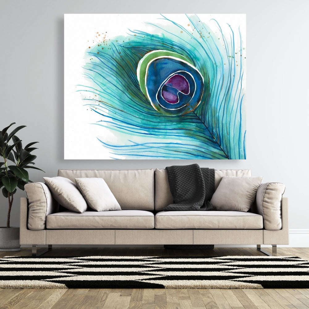 Peacock Feather Closeup Canvas | Bohemian Bird Blue Decor