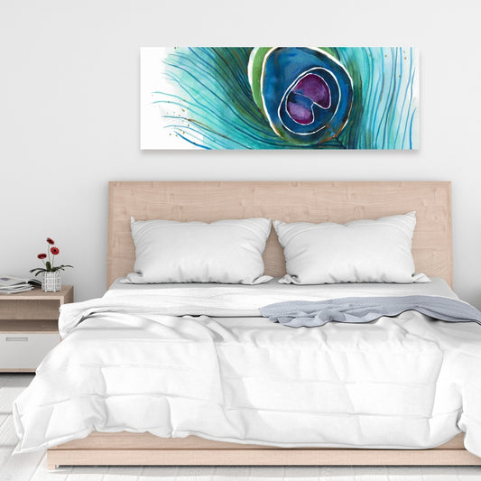 Peacock Feather Closeup Canvas | Bohemian Bird Blue Decor