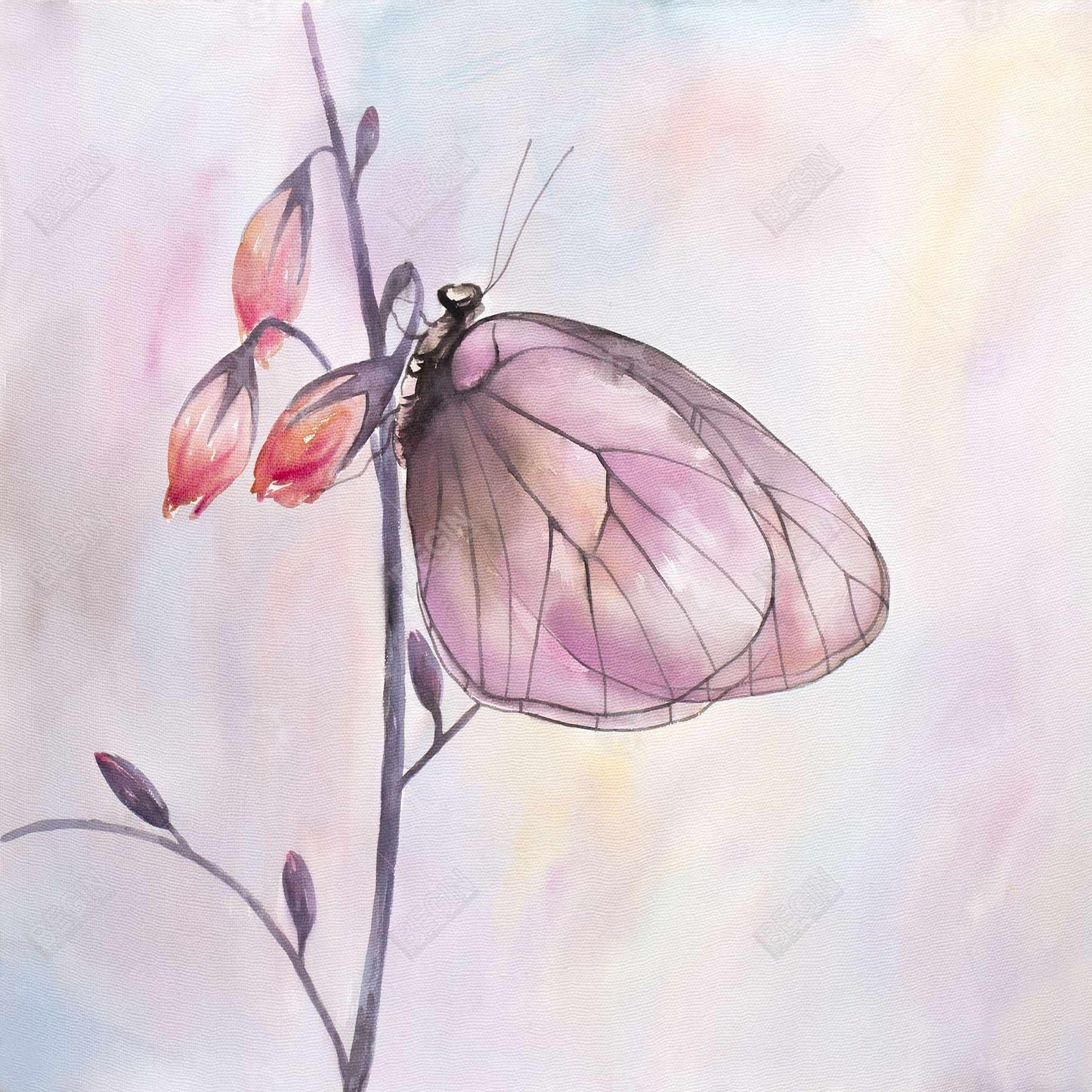 Toile romantique à fleurs violettes - Décoration murale délicate avec papillons