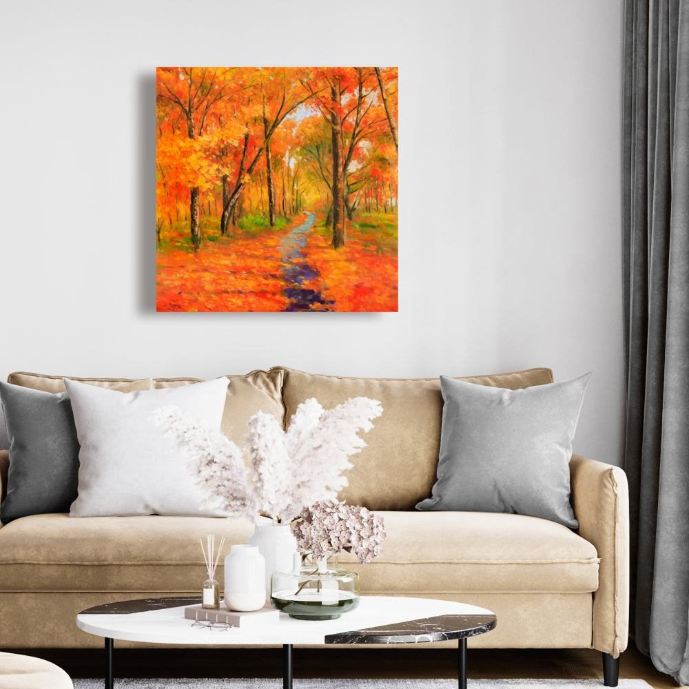 Autumn Trail in Forest Canvas | Orange Living Room Wall Art