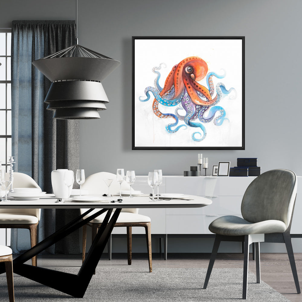 Toile encadrée représentant une pieuvre colorée et amusante – Décoration d'intérieur aquatique bleue