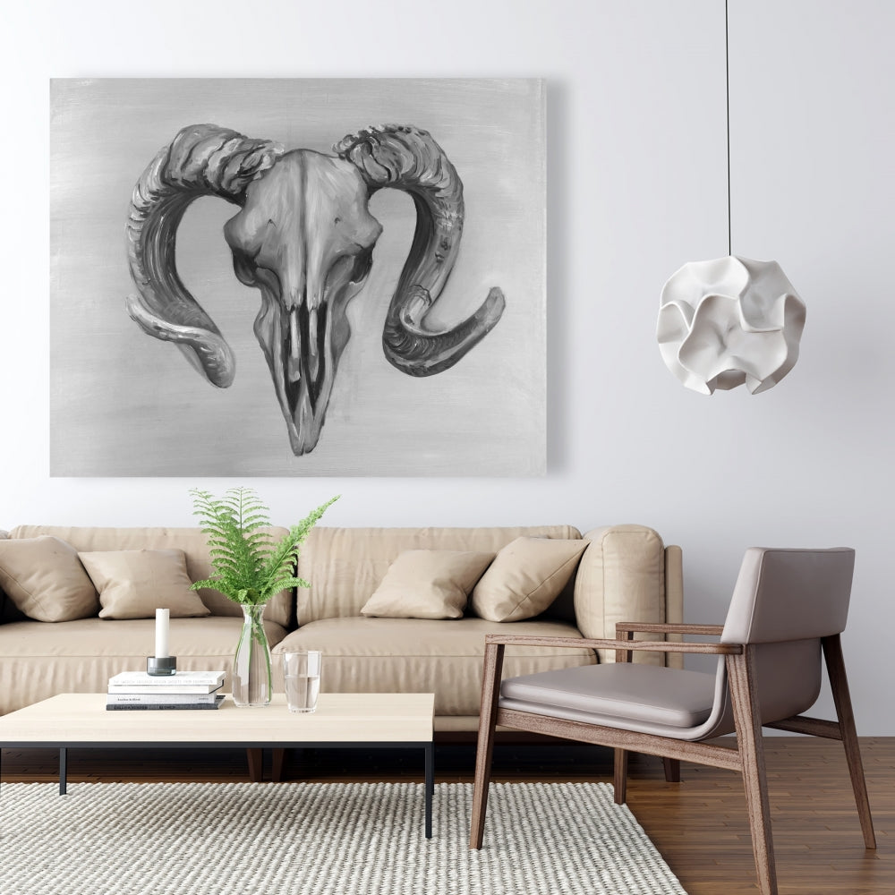 Toile Crâne Bélier en nuances de gris - Décoration d'intérieur grise avec animaux de la ferme