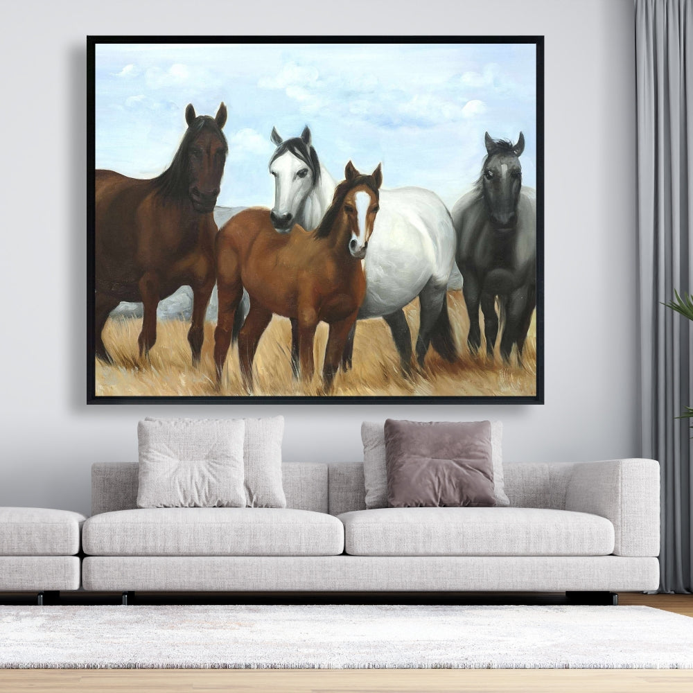 Rustic Blue Framed Canvas - Horses in Meadow by Sun Decor
