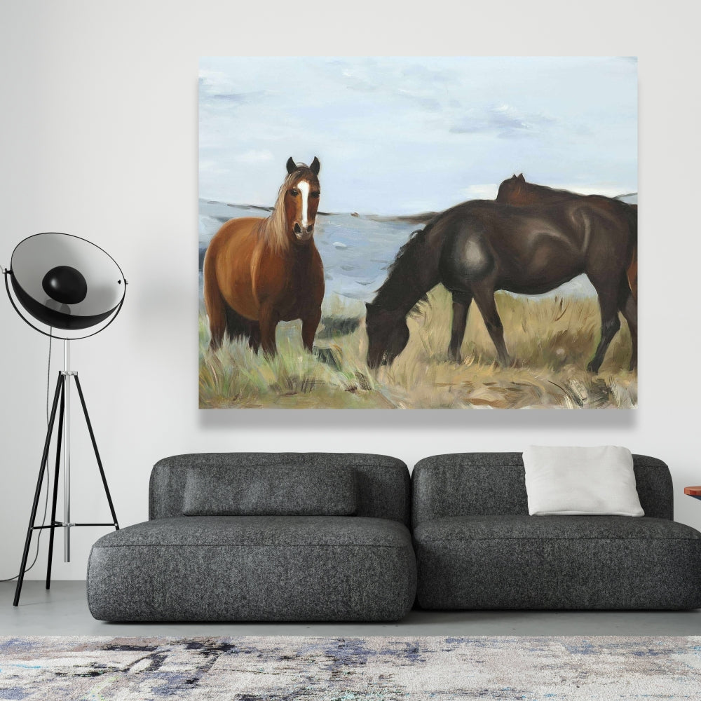 Rustic Bedroom Canvas | Horses Eating in Meadow Wall Art