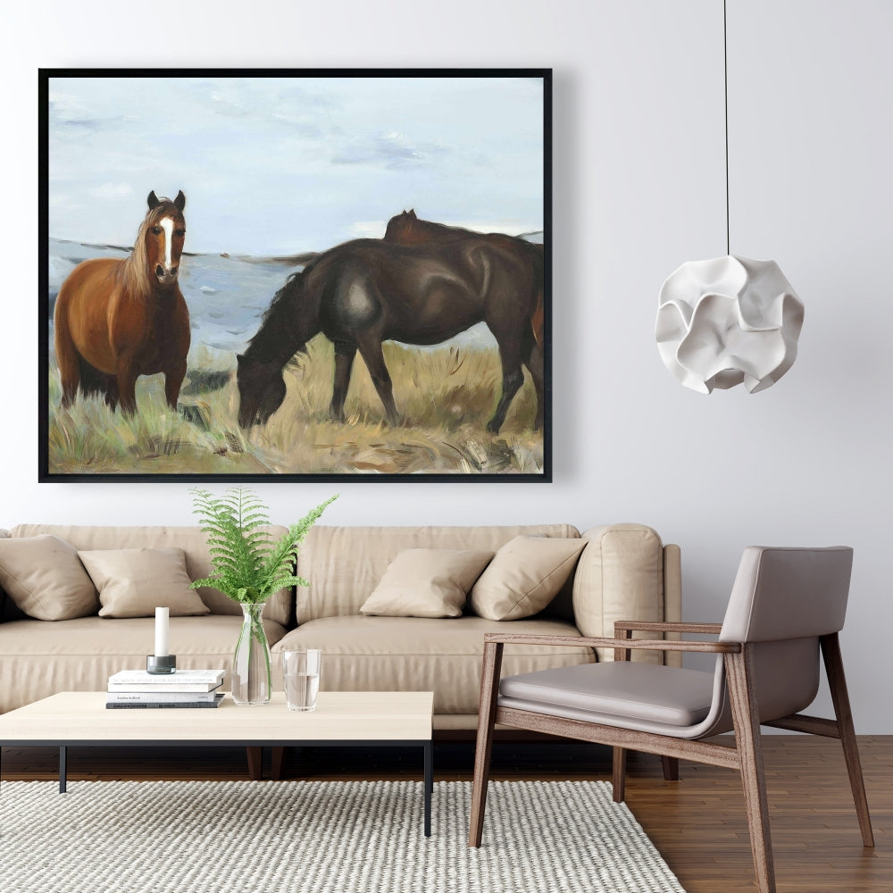 Rustic Horses in Meadow Canvas | Home Decor Framed Art