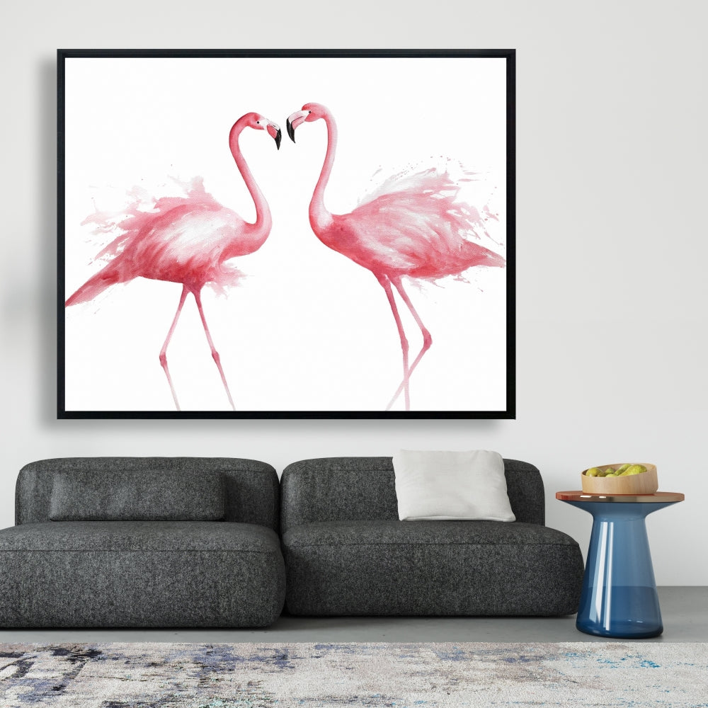 Toile aquarelle représentant deux flamants roses | Décoration de chambre à coucher