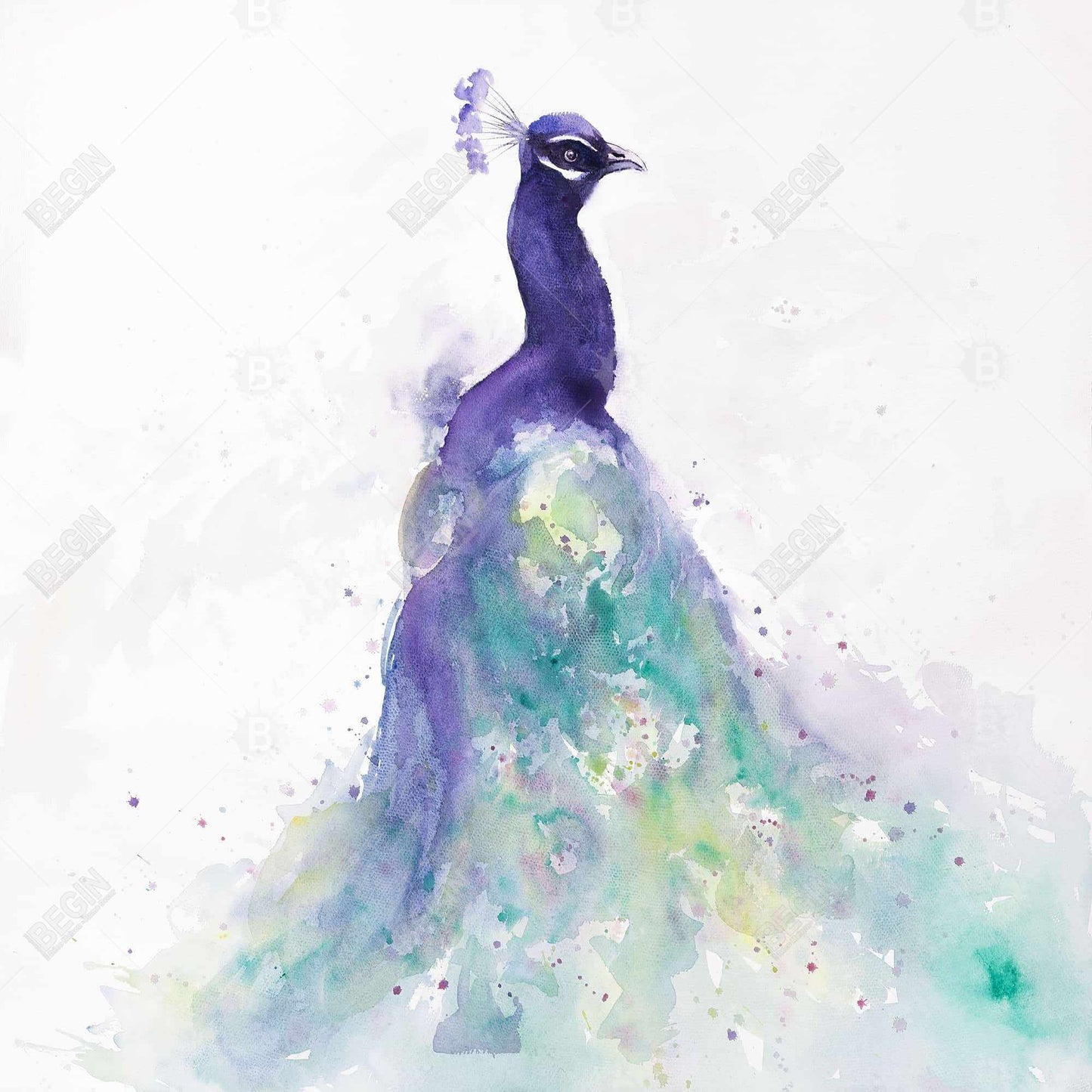 Abstract Peacock Watercolor Canvas | Purple Bedroom Wall Art