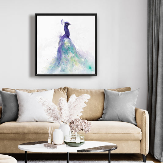 Toile aquarelle abstraite représentant un paon | Décoration murale encadrée d'oiseaux