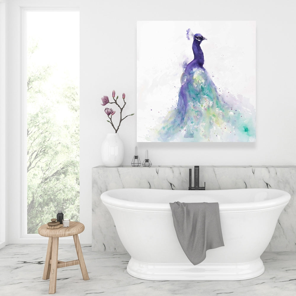 Abstract Peacock Watercolor Canvas | Purple Bedroom Wall Art