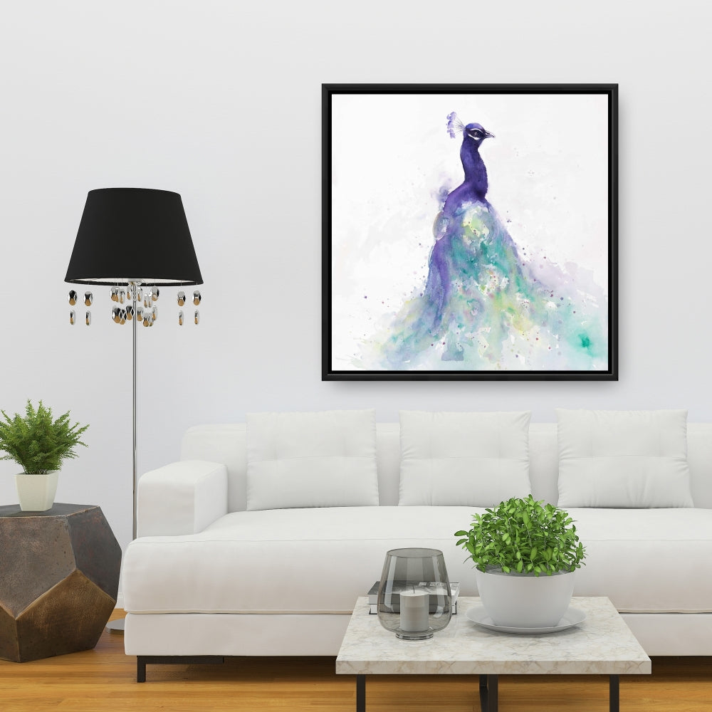 Toile aquarelle abstraite représentant un paon | Décoration murale encadrée d'oiseaux