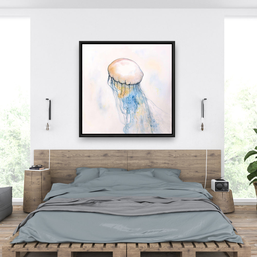 Toile aquarelle méduse - Décor aquatique encadré bleu