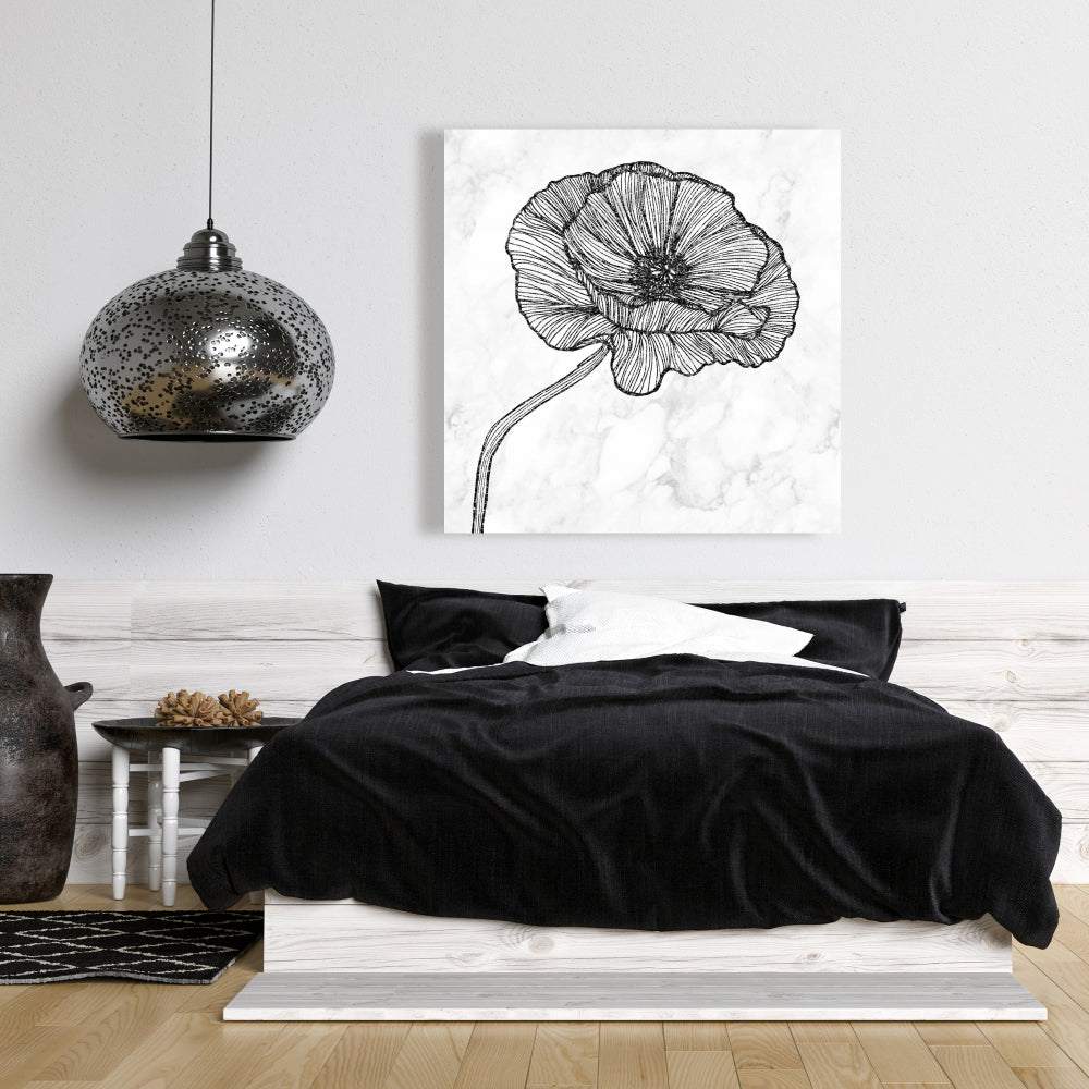 Bright Poppy Flower Canvas | White Monochrome Home Decor