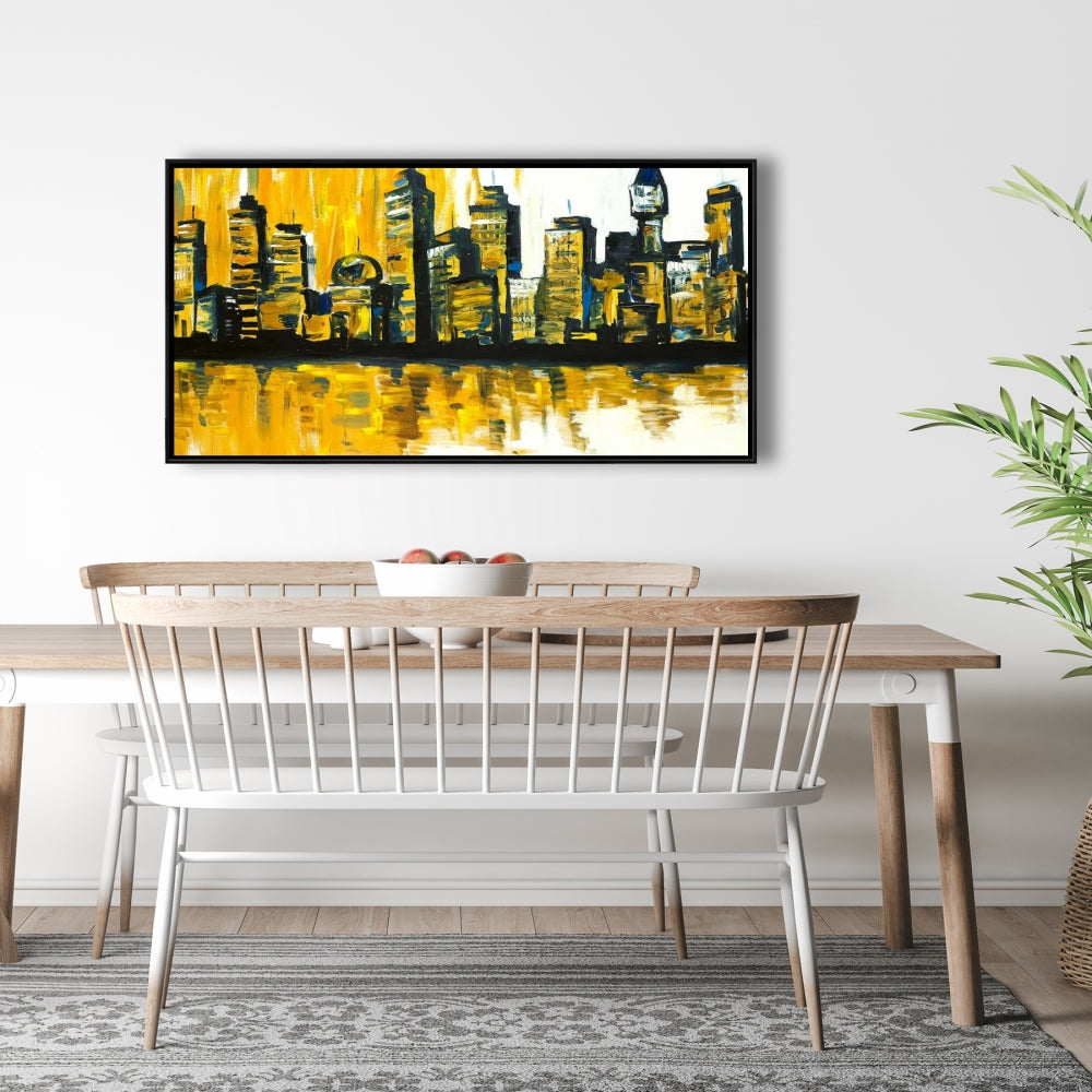 Toile contemporaine « Ville Jaune » pour chambre à coucher | Décoration d'intérieur encadrée