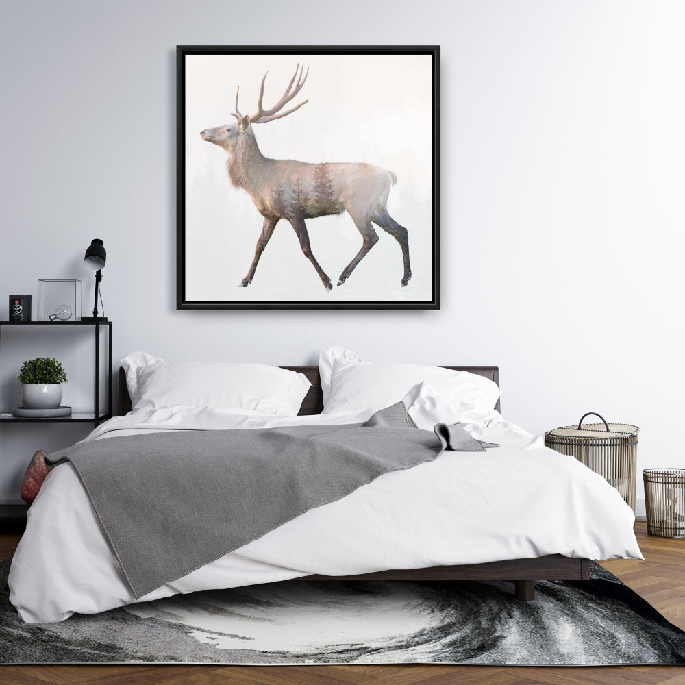 Toile encadrée marron rustique avec cerf et forêt | Décoration d'intérieur