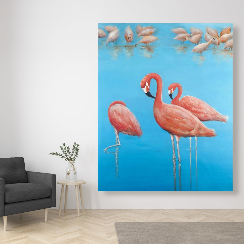 Toile bleue avec flamants roses | Décoration murale