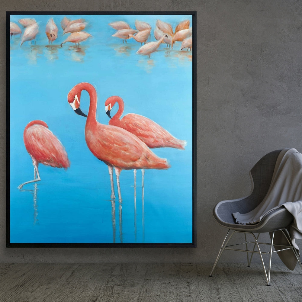 Blue Flamingos Framed Canvas | Bedroom Wall Art Decor