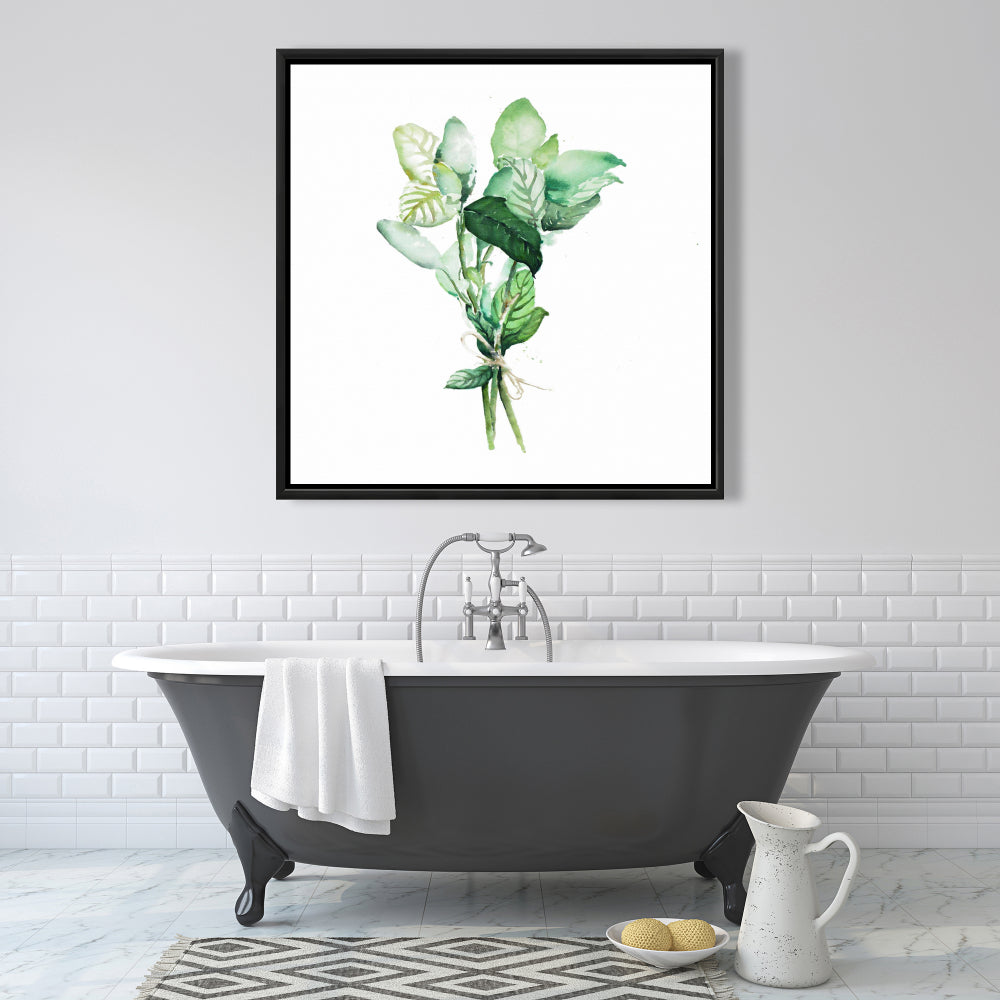 Bouquet de feuilles de basilic attachées | Toile encadrée à feuilles blanches
