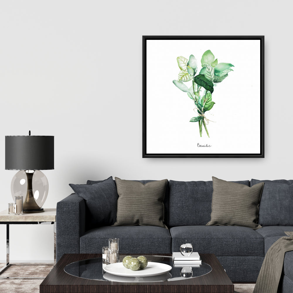 Toile encadrée « Feuilles de basilic attachées » | Décoration de cuisine et d'intérieur
