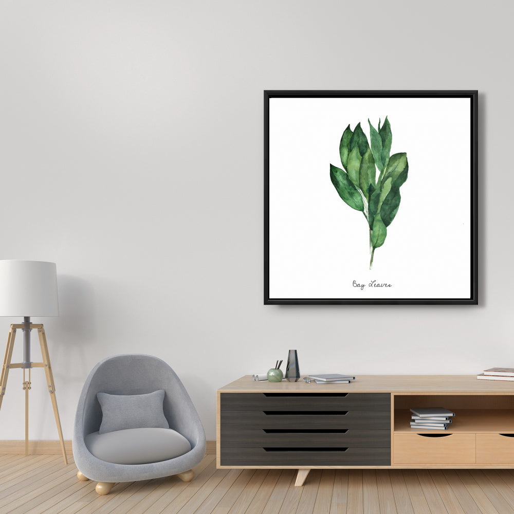 Toile encadrée « Feuilles de laurier » | Décoration de cuisine blanche