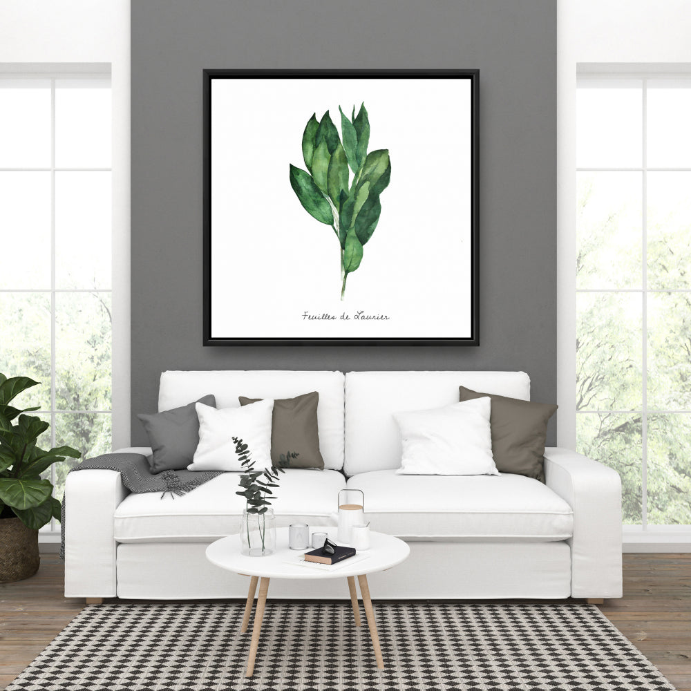 Toile encadrée « Feuilles de laurier » | Décoration de cuisine illustrative blanche