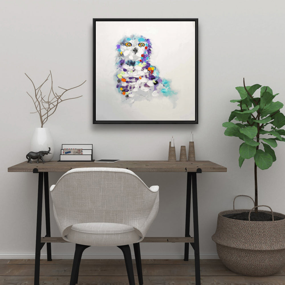 Toile encadrée « Chouette abstraite » | Décoration d'intérieur avec animaux et oiseaux violets